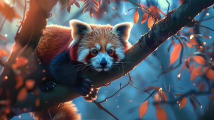 Adorable red panda perched on a tree branch.