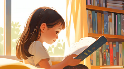 女の子が部屋で本を読んでいる様子のイラスト