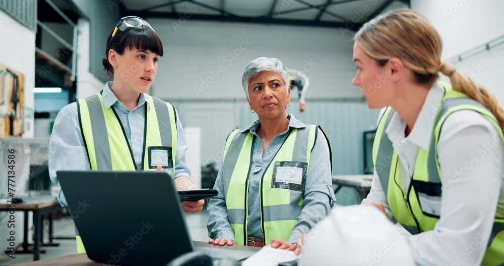 Poster Factory, laptop and employees in discussion with manager for logistics, distribution and concern for issue. Worker, boss and communication with tech for production, brainstorming and planning problem