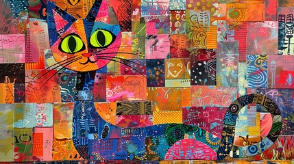 Whimsical Feline Fantasy A Colorful Collage of a Cat and Its Surroundings Generative AI