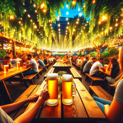 Warm light illuminates a restaurant table in a bustling city at night. Generative AI