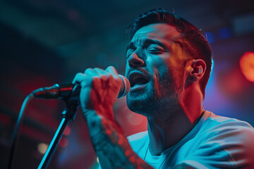 Passionate male singer performing at a live concert. Generative AI image
