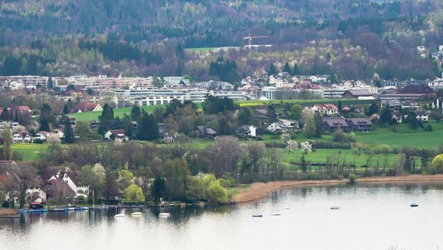 Greifenseepanorama, Ufer und Naturschutzgebiet, Ortschaft Greifensee mit Einfamilienh&auml;usern im Hintergrund. Stadt und Naturschutz.