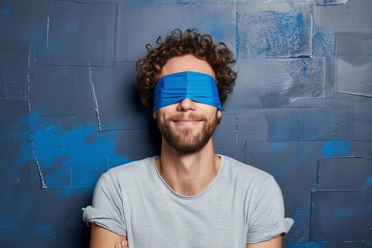 Blindfolded man against blue textured wall smiling. Generative AI image