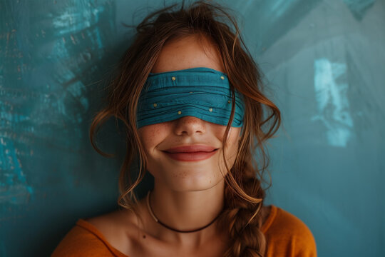 Woman with a blindfold smiles in playful surprise. Generative AI image