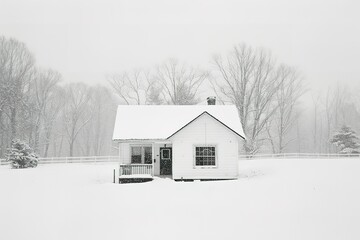A small white house is covered in snow. The house is surrounded by trees and a fence. The snow is piled up around the house,