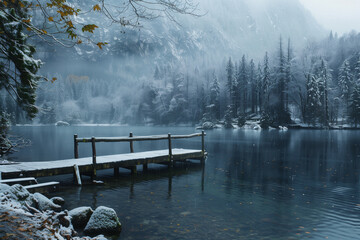 Tranquil winter lake with snowy pier and forest. Generative AI image