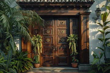 The front door of a house is made of wood and has a large plant in front of it