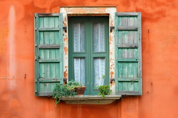 Fototapeta na wymiar A window with shutters and a green curtain