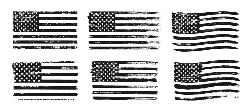Textured USA flag. Grunge decorative American flag monochrome color. Black and white stripes and stars flag banners for t-shirts print isolated on white background. Vector collection