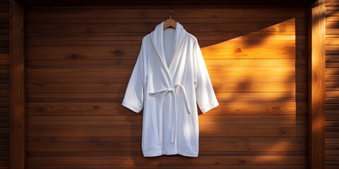 Fototapeta na wymiar a white mock up smple of a white hodded bathrobe hanging infront of a pollished wood wall сreated with Generative Ai