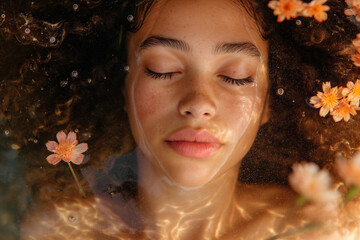Serene woman submerged in water with flowers. Generative AI image