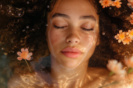 Serene woman submerged in water with flowers. Generative AI image