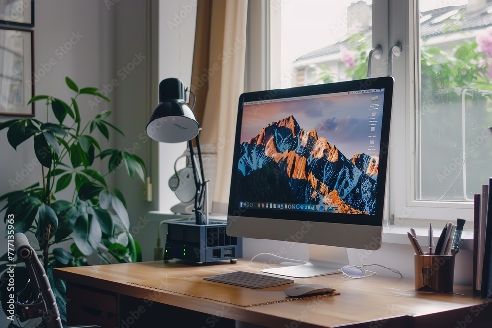 Poster a computer monitor is on a desk in front of a window