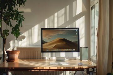 A computer monitor is on a desk in a room with a window