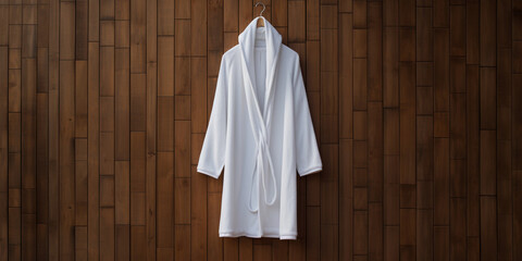 a white mock up smple of a white hodded bathrobe hanging infront of a pollished wood wall сreated with Generative Ai