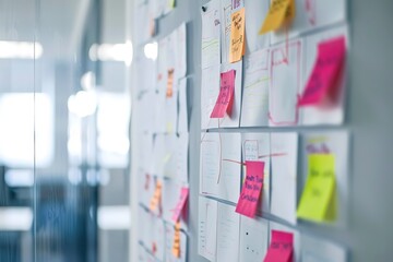wall of post its for meetings and meeting with notes