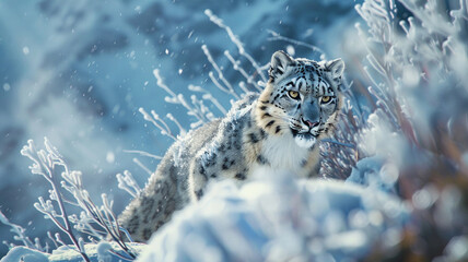 Agile snow leopard camouflaged amidst the snowy landscape. - obrazy, fototapety, plakaty