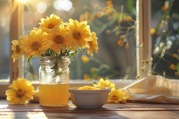 Sunflower Bouquet with Honey in a Mason Jar Generative AI - obrazy, fototapety, plakaty