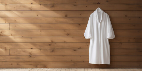 Fototapeta na wymiar a white mock up smple of a white hodded bathrobe hanging infront of a pollished wood wall сreated with Generative Ai