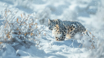 Agile snow leopard camouflaged amidst the snowy landscape.