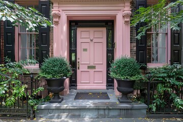 Fototapeta na wymiar A house with a pink door and black trim