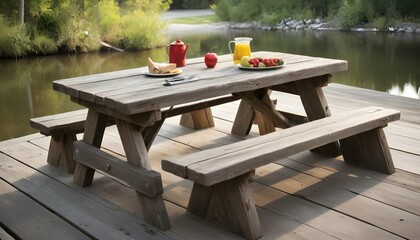 Fototapeta na wymiar A-Rustic-Picnic-Table-With-Benches-Made-From-Recla- 2