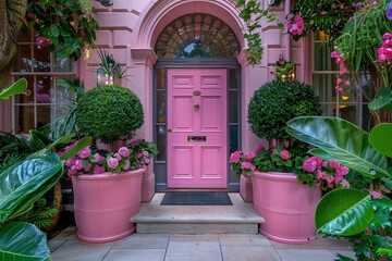 A pink door with a gold knob sits in front of a house with pink flowers in pots