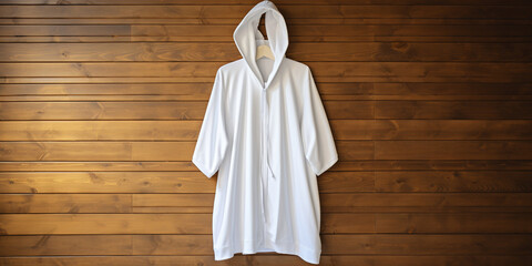 a white mock up smple of a white hodded bathrobe hanging infront of a pollished wood wall сreated with Generative Ai