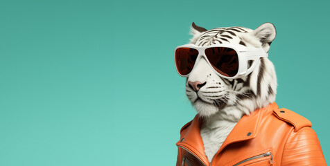 Portrait photorealistic of anthropomorphic fashion White Tiger in fashionable glasses isolated on solid mint background. Creative animal concept. Copy space. Banner.