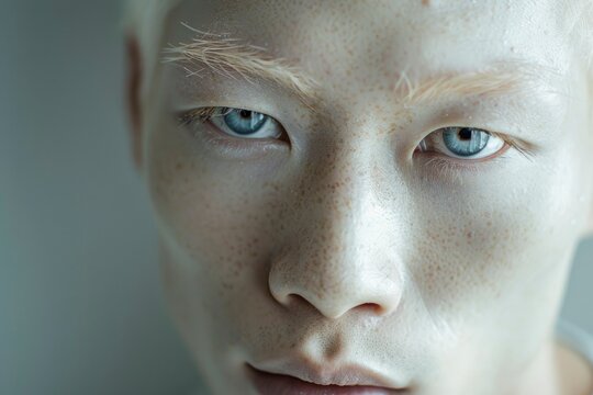 Intense close-up of a self-assured albino Asian man with transparent blue eyes, showcasing his unique look without makeup