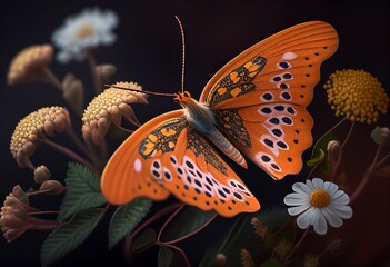An up-close view of a solitary orange butterfly resting on a dainty wildflower, its intricate patterns and delicate wings captured in exquisite detail through skillful 3D rendering. - obrazy, fototapety, plakaty
