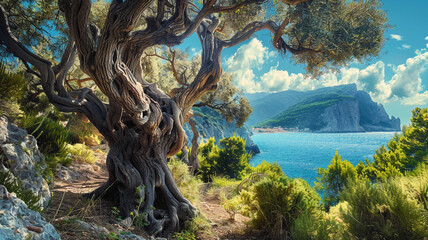 Ancient olive tree with gnarled branches in a picturesque Mediterranean landscape.