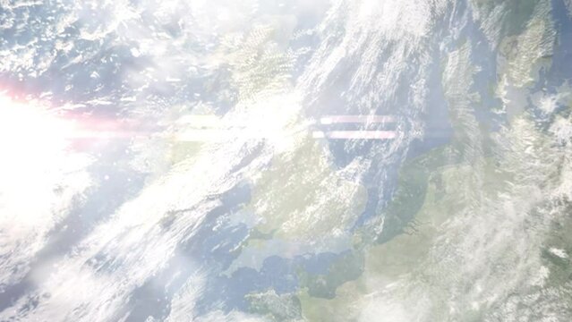 Zoom in from space and focus on Bury, UK. 3D Animation. Background for travel intro. Elements of this image furnished by NASA
