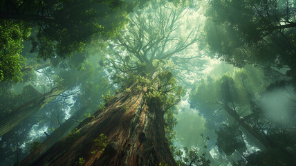 Fototapeta na wymiar Ancient redwood tree reaching towards the sky in a lush forest.