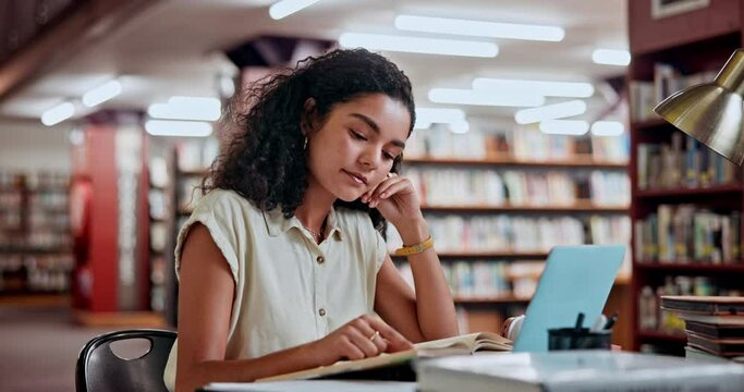 Reading, book or woman in a library on laptop for knowledge, elearning or research in college. Online course, project or university student studying information with scholarship or history textbook