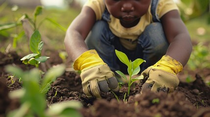 close-up of an African American child planting a plant