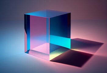 A vibrant blue and pink gradient rectangular prism, gleaming under soft light, casting a gentle shadow on a transparent surface.
