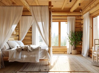 Beautiful bedroom in a wooden house with a four poster bed and white linen, natural light coming in from the window