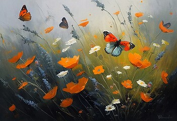 A serene meadow filled with delicate wildflowers swaying gently in the breeze, while orange butterflies flutter gracefully above them, all painted with vibrant oil colors.