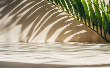 Shadow of a palm leaf cast upon a white wall background, evoking a natural summer vibe. Perfect backdrop for showcasing products.