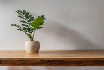 Wooden table with a plant in a pot on a gray background