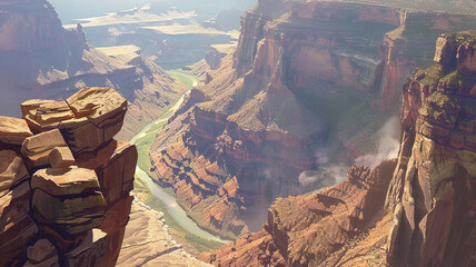 Awe-inspiring view of a canyon with steep cliffs and a winding river below. - obrazy, fototapety, plakaty