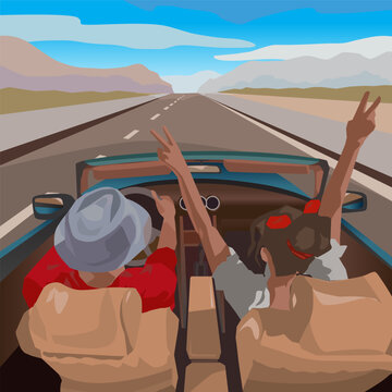 vector couple young people are driving a car open roof and raising her hands up back pose angle celebrating summer time with beautiful view of hills