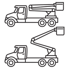 Bucket boom truck.Picker high lift platform.Vector outline illustration.Isolated on white background.Bucket truck line icon.Bucket boom truck side view.Aerial platform.Crane truck with basket.