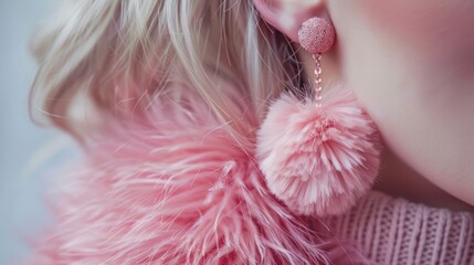 trendy spherical pink fluffy earring in the ear