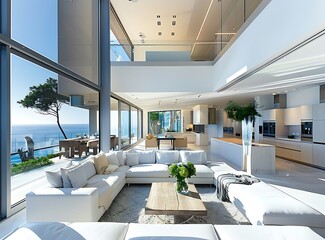 Beautiful modern luxury home interior with an open living room, dining area and kitchen on the second floor overlooking an ocean view in South Africa - obrazy, fototapety, plakaty
