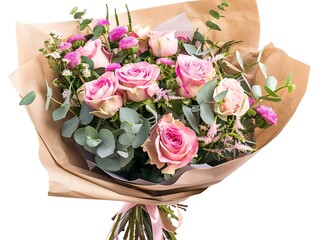 Beautiful bouquet of roses and pink flowers with greenery wrapped in paper isolated on white background, detailed photo, jpg