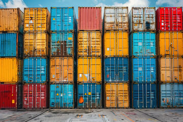 Fototapeta premium Stacked cargo containers in the storage area of freight sea port terminal, concept of export-import and national delivery of goods 