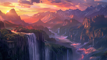 Breathtaking sunset over a serene mountain range with a cascading waterfall. - obrazy, fototapety, plakaty